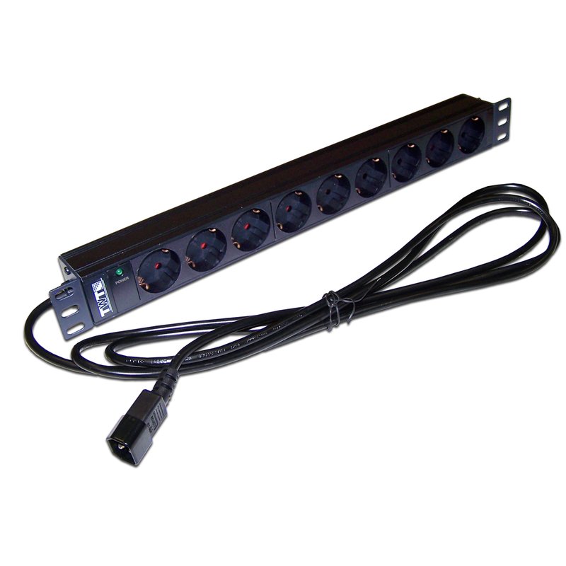 Блок розеток 19" 1U LANMASTER TWT-PDU19-10A9P4-3.0, 9xSchuko, 10 А, без выключателя, шнур 3 м с вилкой C14